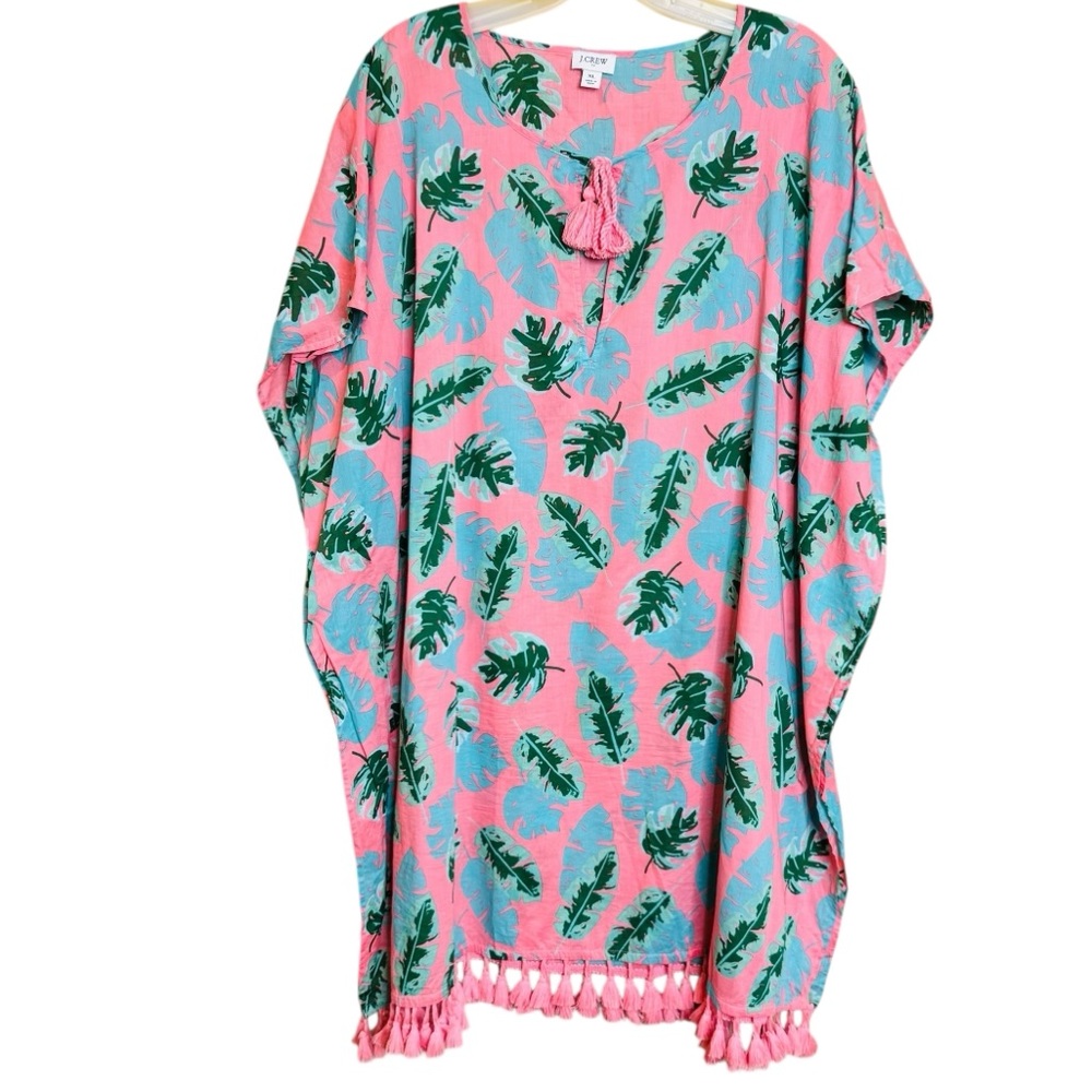 J CREW Pink Green Tropical Leaf Tassel Kimono Swim Cotton Cover XL Tunic